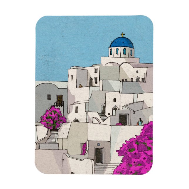 Oia Santorini Island Greece Whimsical Illustration Magnet (Vertical)