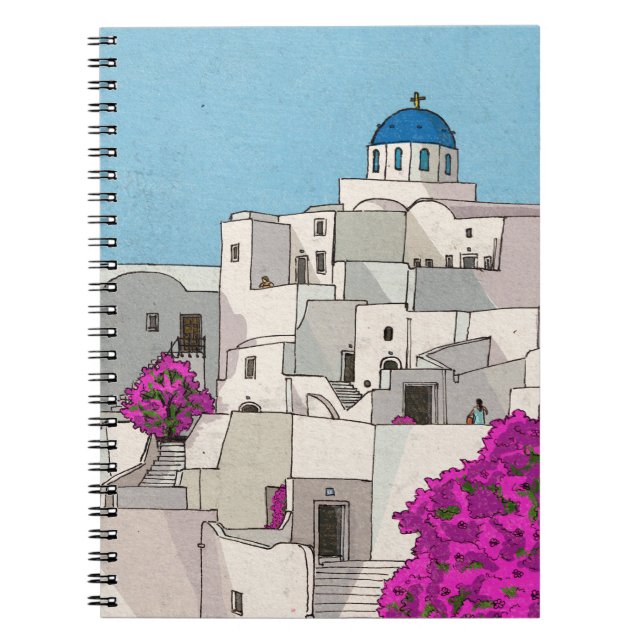 Oia Santorini Island Greece Whimsical Illustration Notebook (Front)