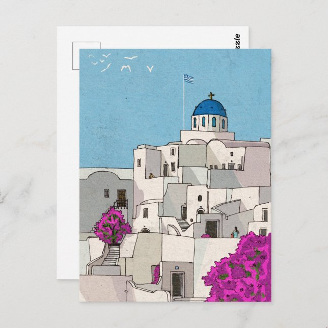 Oia Santorini Island Greece Whimsical Illustration Postcard (Front/Back)