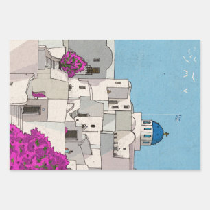 Oia Santorini Island Greece Whimsical Illustration Wrapping Paper Sheet