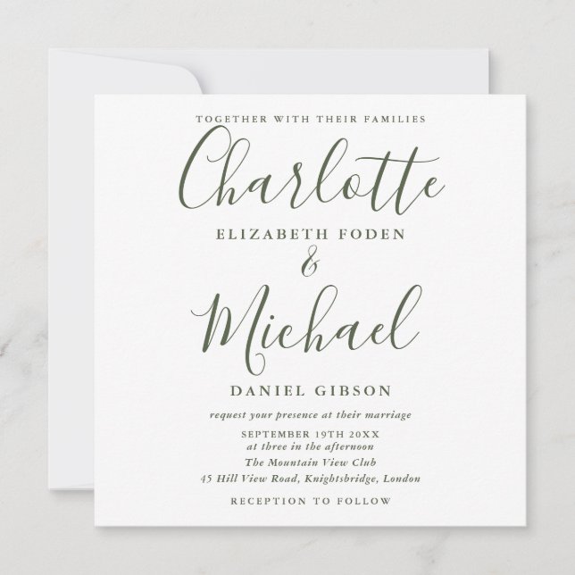 OIive Green Signature Photo Square Wedding Invitation (Front)