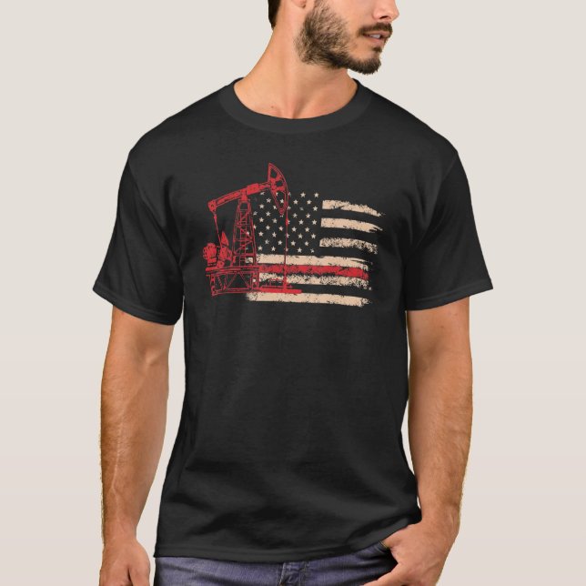 Oil Drilling Rig American Flag Roughneck Oilfield  T-Shirt (Front)