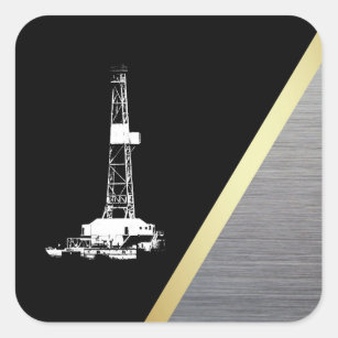 Oil Drilling Rig On Black, Gold, Metal Look Square Sticker