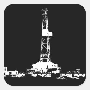 Oil Drilling Rig White on Black Square Sticker