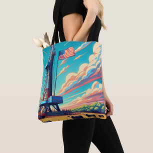 Oil Gas Drilling Scene Cattle And Flag Tote Bag