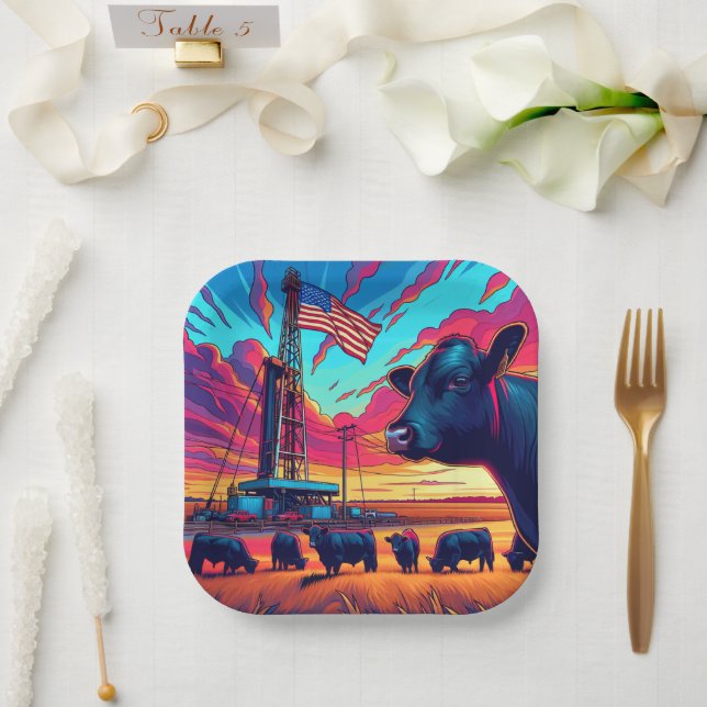  Oil Gas Rig At Sunset  Cattle and American Flag 2 Paper Plate (Wedding)