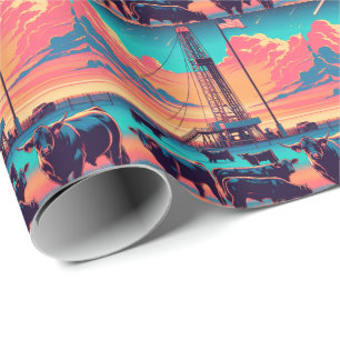 Oil Gas Rig At Sunset Cattle and American Flag Wrapping Paper