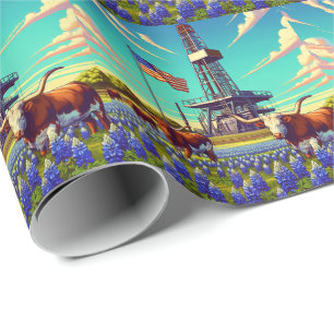 Oil Gas Rig Longhorn Cattle and American Flag  Wrapping Paper