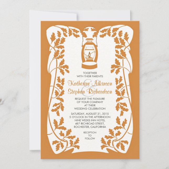 Oil Lantern and Oak Tree Leaves Wedding Invitation (Front)
