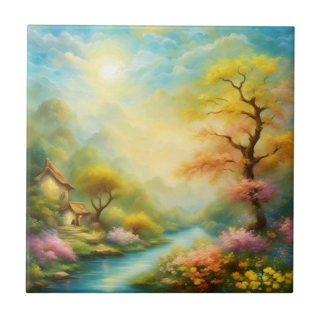 oil paint a spring landscape and tree ceramic tile (Front)