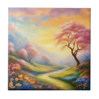 oil paint a spring landscape with river ceramic tile