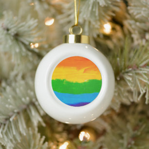 Oil paint Rainbow Colours Gay Lesbian LGBT Ceramic Ball Christmas Ornament