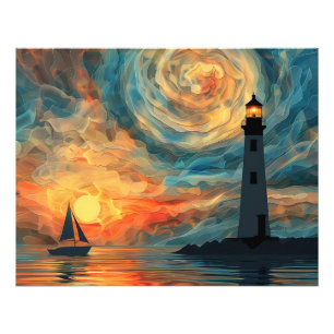 Oil Paint Sunset Lighthouse  Photo Print