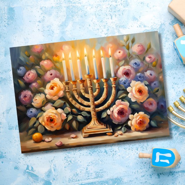 Oil Painted Floral Lit Menorah   Card (Creator Uploaded)