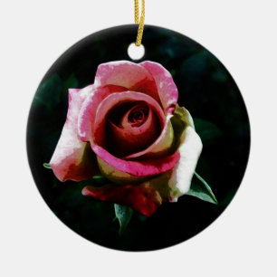 Oil painted red rose ceramic ornament