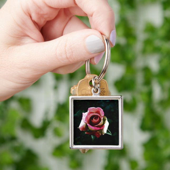 Oil painted red rose key ring (Hand)