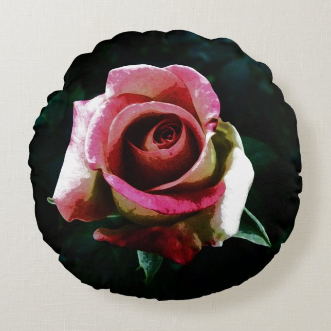 Oil painted red rose round cushion (Front)