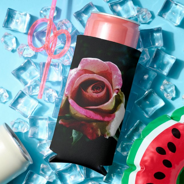 Oil painted red rose seltzer can cooler (In Situ Summer)