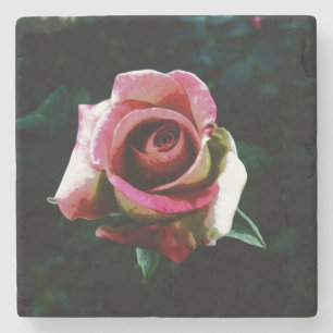 Oil painted red rose stone coaster