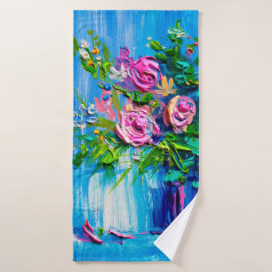 Oil painting a bouquet of roses. Impressionist sty Bath Towel