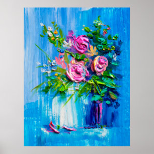 Oil painting a bouquet of roses. Impressionist sty Poster