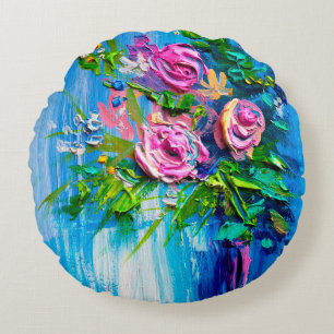 Oil painting a bouquet of roses. Impressionist sty Round Cushion