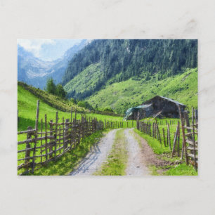 Oil painting canvas of austrian tirol Farmland Postcard