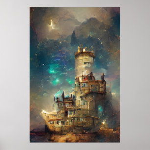 Oil Painting Castle, Castle In Starry Night, Retro Poster