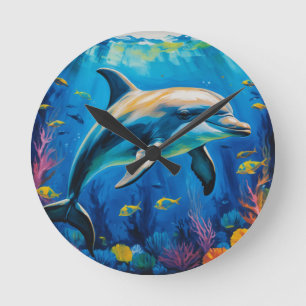Oil Painting Dolphin Round Clock