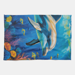 Oil Painting Dolphin Tea Towel
