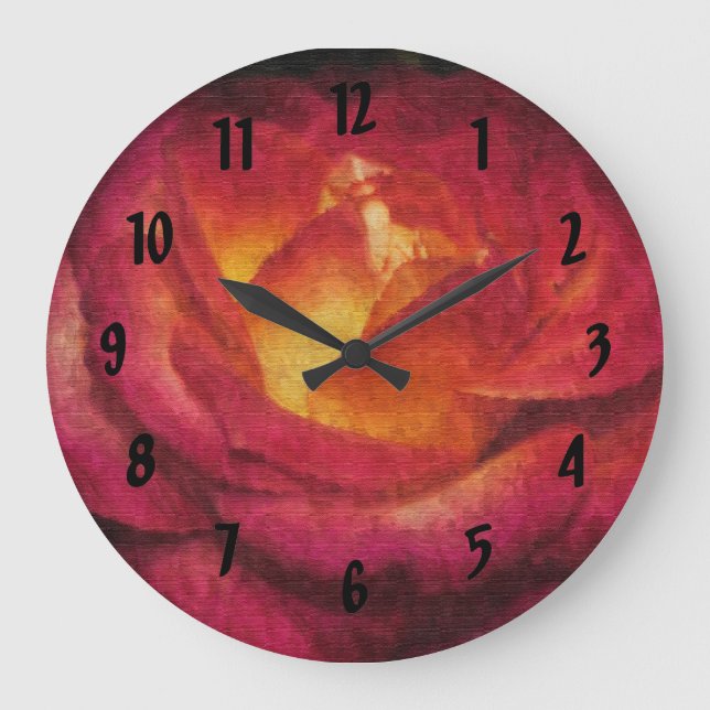 Oil Painting Flaming Red Rose Large Clock (Front)