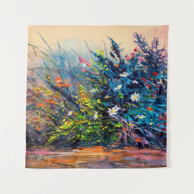 Oil painting flowers, cornflower, daisy in fields. tapestry (Front)