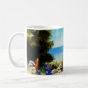 oil painting flowers near the sea, camomile field, coffee mug