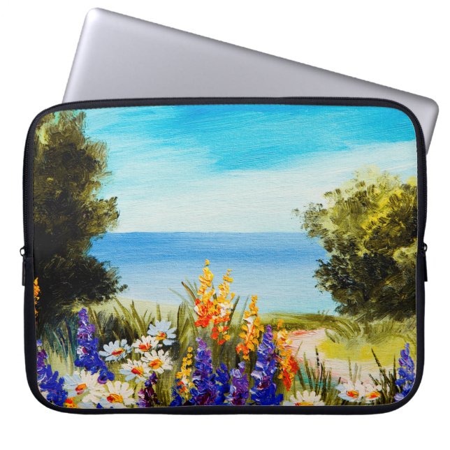 oil painting flowers near the sea, camomile field, laptop sleeve (Front)