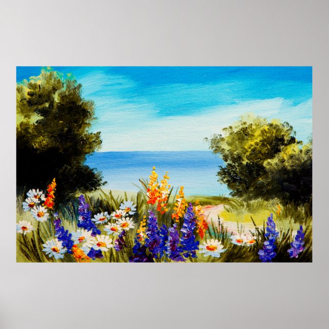 oil painting flowers near the sea, camomile field, poster (Front)