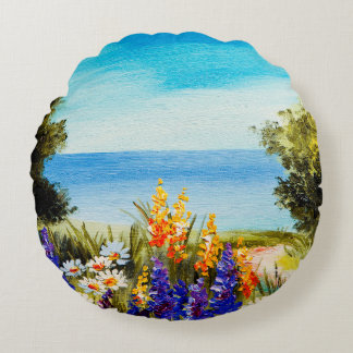 oil painting flowers near the sea, camomile field, round cushion