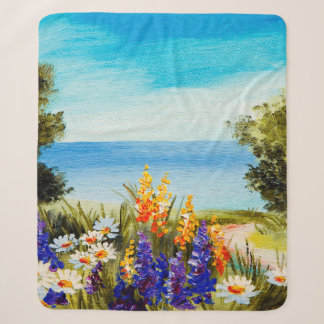 oil painting flowers near the sea, camomile field, sherpa blanket