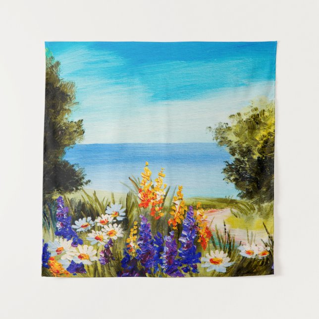 oil painting flowers near the sea, camomile field, tapestry (Front)