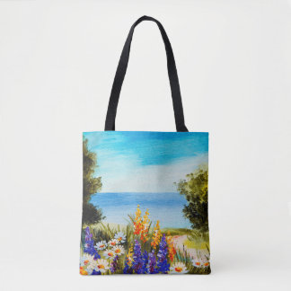 oil painting flowers near the sea, camomile field, tote bag