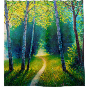 Oil painting forest landscape, beautiful solar roa shower curtain