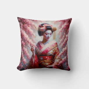 oil painting geisha and cherry tree cushion