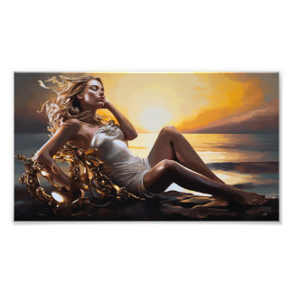 Oil Painting, Golden sea at sunset Photo Print