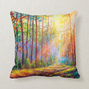  oil painting gorgeous forest in autumn, scenic la cushion