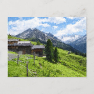 Oil painting illustration of Austrian Alps. Barn. Postcard