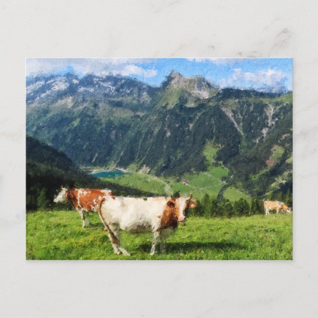 Oil painting illustration of Austrian Alps. Cows Postcard (Front)