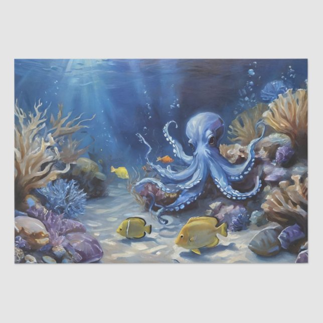 Oil Painting of an Octopus and Fish Decoupage Tissue Paper (Front)