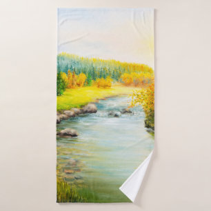  oil painting of beautifl autumn landscape, forest bath towel