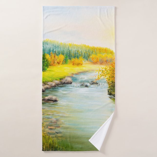  oil painting of beautifl autumn landscape, forest bath towel (Bath Towel)