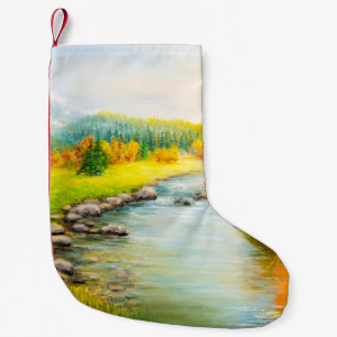 oil painting of beautifl autumn landscape, forest small christmas stocking