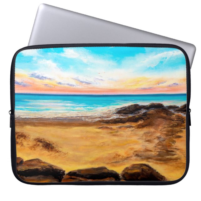  oil painting of beautiful golden sunset over ocea laptop sleeve (Front)